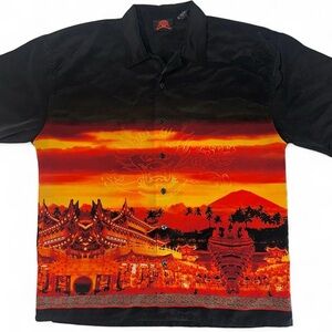 7 Diamonds 2000s Large Black orange Y2K collared button-up dragon flame graphic